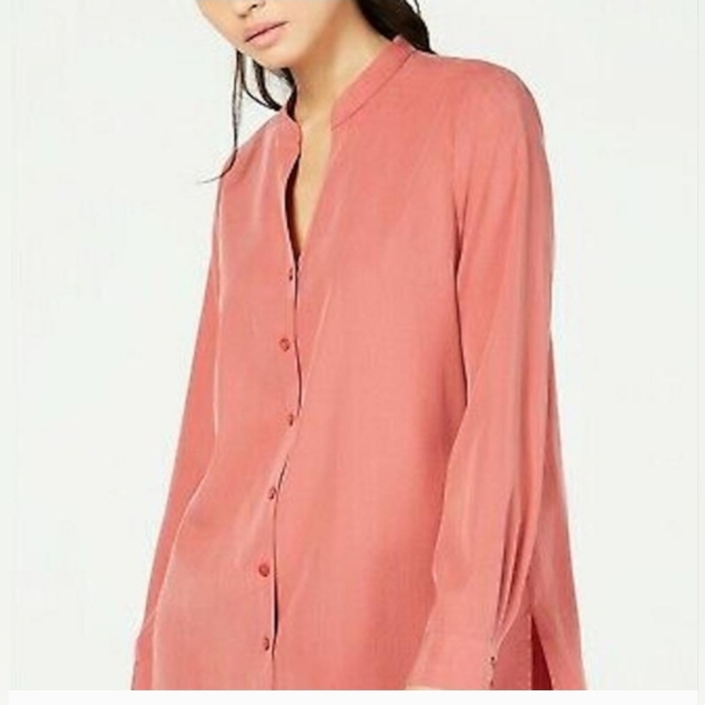 Eileen Fisher Sandwashed Tencel Stand Collar Top Shirt Blouse Chutney, S/P